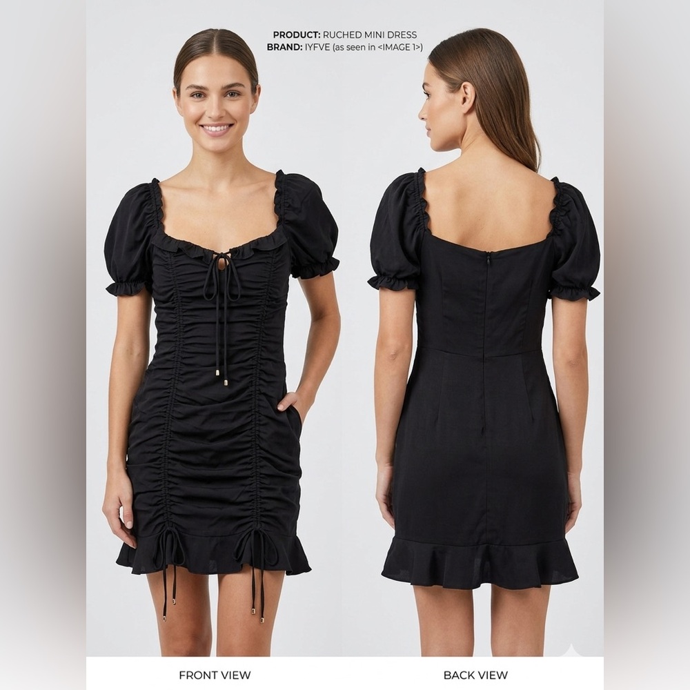 Black Ruched Puff-Sleeve Mini Dress hYFVE small brand new